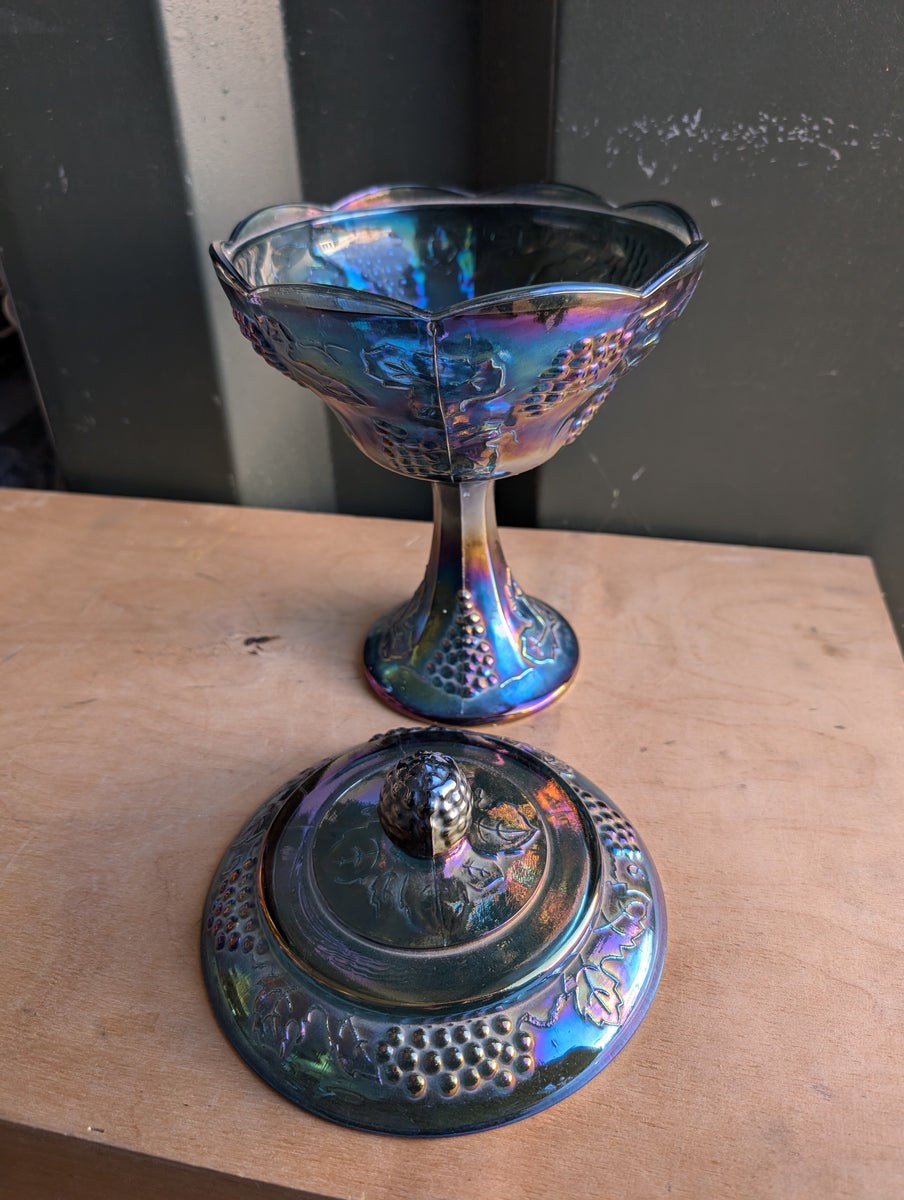 ヴィンテージ ブルー カーニバル ガラス 1930s Indiana Carnival Glass Blue Harvest Wedding Bowl Comport