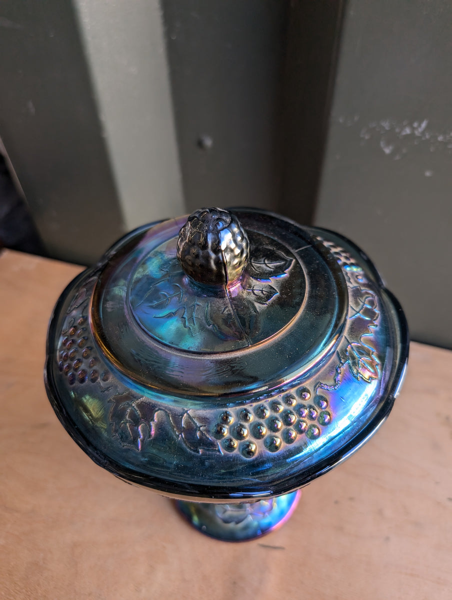 ヴィンテージ ブルー カーニバル ガラス 1930s Indiana Carnival Glass Blue Harvest Wedding Bowl Comport
