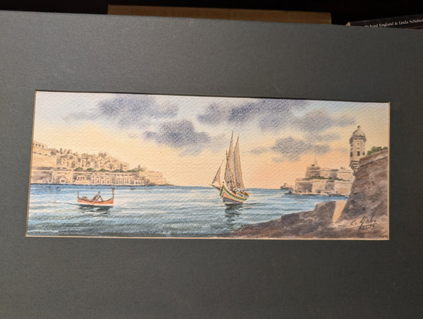 1960s Carmelo Galea watercolour painting - Marsamxett Harbour