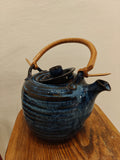 Beautiful Japanese 1970s Blue Glazed Terracotta Teapot Set with Bamboo handle