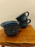 Beautiful Japanese 1970s Blue Glazed Terracotta Teapot Set with Bamboo handle