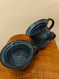 Beautiful Japanese 1970s Blue Glazed Terracotta Teapot Set with Bamboo handle