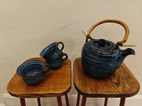 Beautiful Japanese 1970s Blue Glazed Terracotta Teapot Set with Bamboo handle