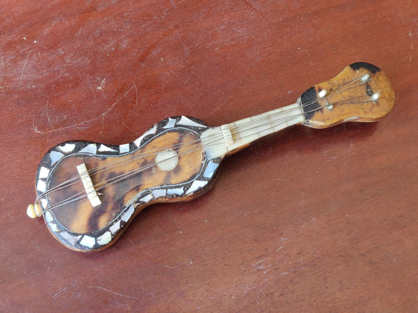 Antique Tortoise Shell Mother of Pearl Inlaid Miniature Guitar