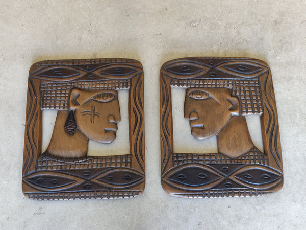 A Cool Pair of 1980s Wooden Hand Carved Wall Plaques